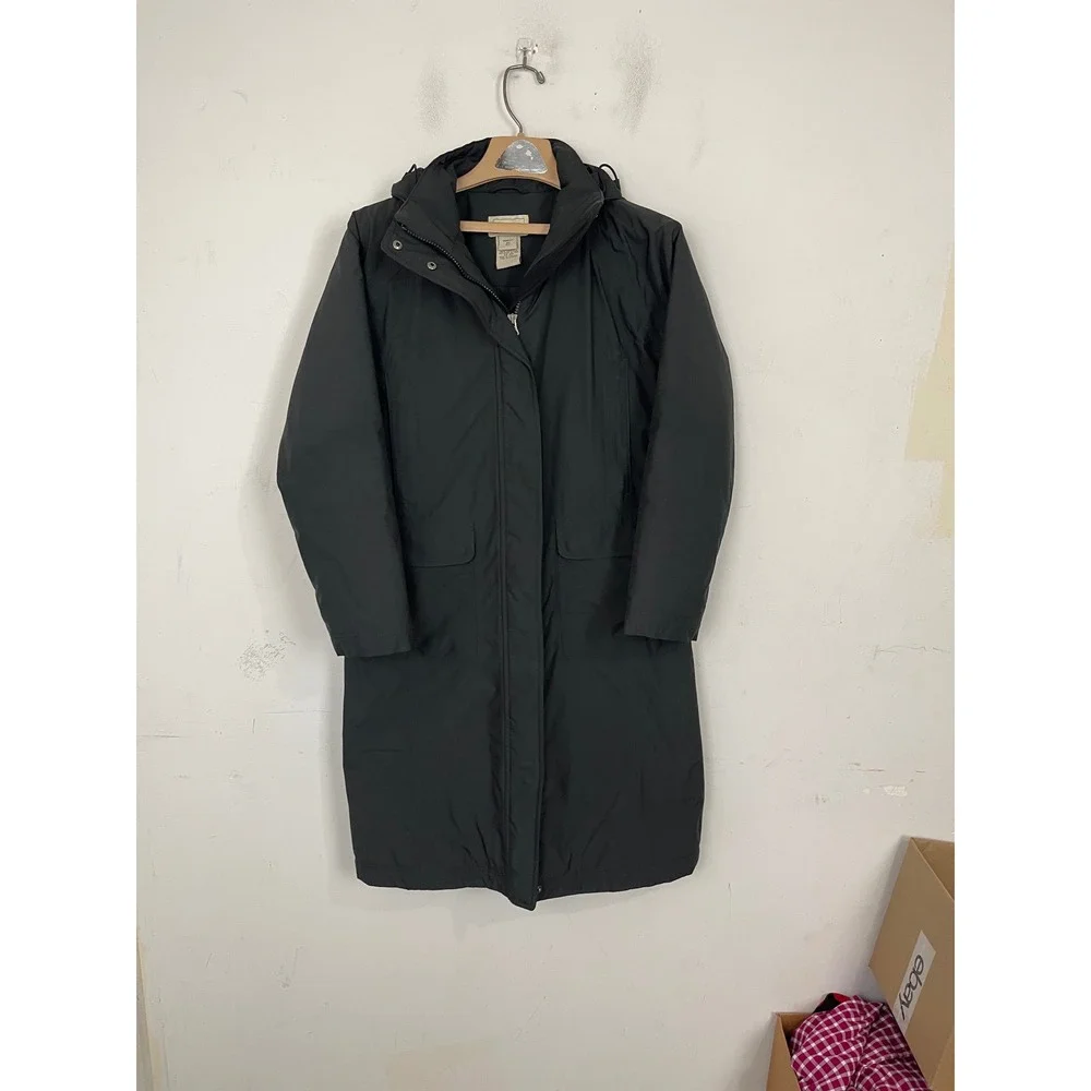 LL Bean‎ Women XS Insulated Hooded Parka Coat Black Grey 0FJR7 Long Jacket